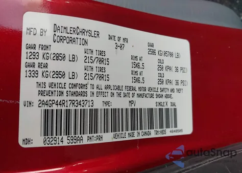 2007 Chrysler Town & Country Lx from USA, damaged, VIN 2A4GP44R17R343713